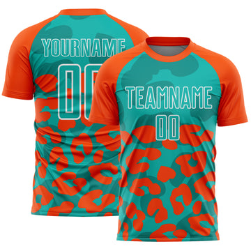 Custom Orange Aqua-White Animal Leopard Print Sports Sublimation Soccer Uniform Jersey