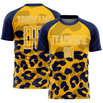 Custom Navy Gold-White Animal Leopard Print Sports Sublimation Soccer Uniform Jersey