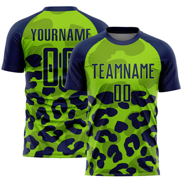 Custom Navy Neon Green Animal Leopard Print Sports Sublimation Soccer Uniform Jersey