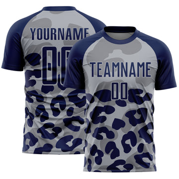 Custom Navy Gray Animal Leopard Print Sports Sublimation Soccer Uniform Jersey