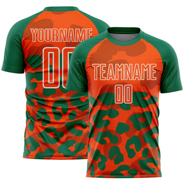 Custom Kelly Green Orange-White Animal Leopard Print Sports Sublimation Soccer Uniform Jersey