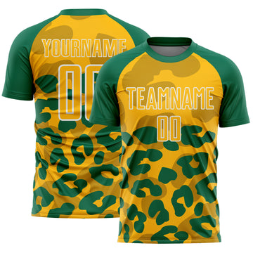 Custom Kelly Green Gold-White Animal Leopard Print Sports Sublimation Soccer Uniform Jersey
