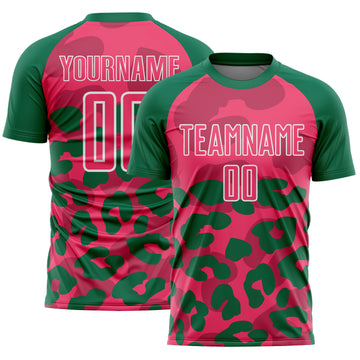 Custom Kelly Green Neon Pink-White Animal Leopard Print Sports Sublimation Soccer Uniform Jersey