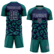 Laden Sie das Bild in den Galerie-Viewer, Custom Teal Navy-White Animal Leopard Print Sports Sublimation Soccer Uniform Jersey

