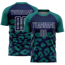 Laden Sie das Bild in den Galerie-Viewer, Custom Teal Navy-White Animal Leopard Print Sports Sublimation Soccer Uniform Jersey
