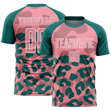 Laden Sie das Bild in den Galerie-Viewer, Custom Teal Medium Pink-White Animal Leopard Print Sports Sublimation Soccer Uniform Jersey
