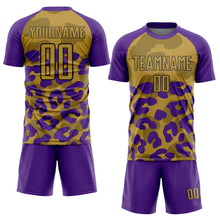 Laden Sie das Bild in den Galerie-Viewer, Custom Purple Old Gold-Black Animal Leopard Print Sports Sublimation Soccer Uniform Jersey
