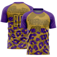 Laden Sie das Bild in den Galerie-Viewer, Custom Purple Old Gold-Black Animal Leopard Print Sports Sublimation Soccer Uniform Jersey
