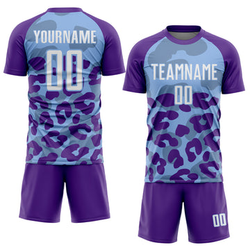 Custom Purple White-Light Blue Animal Leopard Print Sports Sublimation Soccer Uniform Jersey