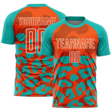 Custom Aqua Orange-White Animal Leopard Print Sports Sublimation Soccer Uniform Jersey