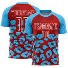 Laden Sie das Bild in den Galerie-Viewer, Custom Sky Blue Red-White Animal Leopard Print Sports Sublimation Soccer Uniform Jersey
