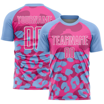 Custom Light Blue Pink-White Animal Leopard Print Sports Sublimation Soccer Uniform Jersey