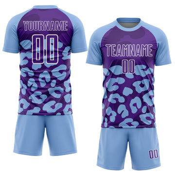 Custom Light Blue Purple-White Animal Leopard Print Sports Sublimation Soccer Uniform Jersey