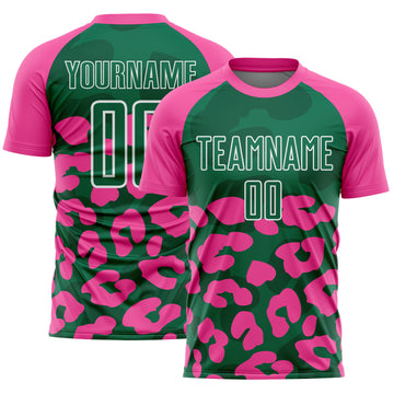 Custom Pink Kelly Green-White Animal Leopard Print Sports Sublimation Soccer Uniform Jersey