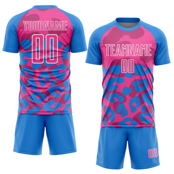 Custom Powder Blue Pink-White Animal Leopard Print Sports Sublimation Soccer Uniform Jersey