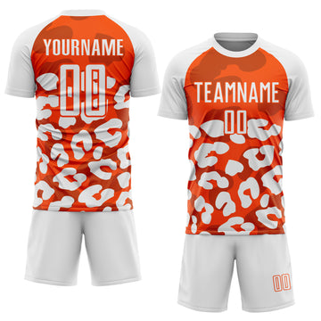 Custom White Orange Animal Leopard Print Sports Sublimation Soccer Uniform Jersey