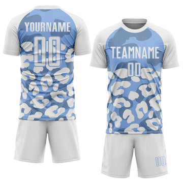 Custom White Light Blue Animal Leopard Print Sports Sublimation Soccer Uniform Jersey