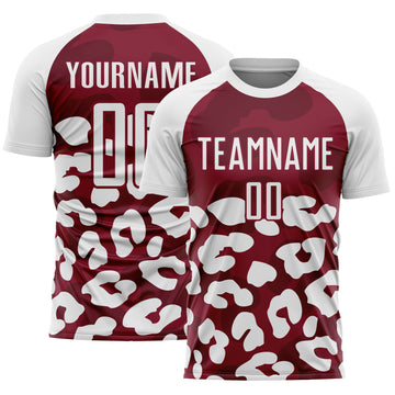 Custom White Crimson Animal Leopard Print Sports Sublimation Soccer Uniform Jersey