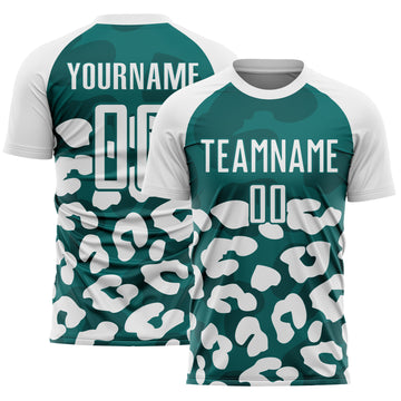 Custom White Teal Animal Leopard Print Sports Sublimation Soccer Uniform Jersey