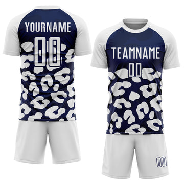Custom White Navy Animal Leopard Print Sports Sublimation Soccer Uniform Jersey