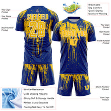 Загрузить изображение в средство просмотра галереи, Custom Royal Yellow-White Dripping Splatte Pattern Sports Sublimation Soccer Uniform Jersey
