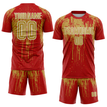 Custom Red Old Gold-White Dripping Splatte Pattern Sports Sublimation Soccer Uniform Jersey