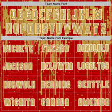 Laden Sie das Bild in den Galerie-Viewer, Custom Red Old Gold-White Dripping Splatte Pattern Sports Sublimation Soccer Uniform Jersey
