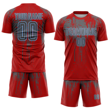 Custom Red Steel Gray-Light Blue Dripping Splatte Pattern Sports Sublimation Soccer Uniform Jersey