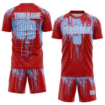 Custom Red Light Blue-White Dripping Splatte Pattern Sports Sublimation Soccer Uniform Jersey