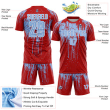 Laden Sie das Bild in den Galerie-Viewer, Custom Red Light Blue-White Dripping Splatte Pattern Sports Sublimation Soccer Uniform Jersey
