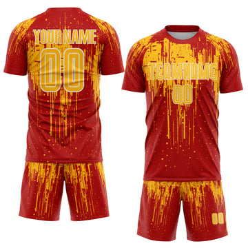 Custom Red Gold-White Dripping Splatte Pattern Sports Sublimation Soccer Uniform Jersey