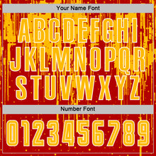 Laden Sie das Bild in den Galerie-Viewer, Custom Red Gold-White Dripping Splatte Pattern Sports Sublimation Soccer Uniform Jersey
