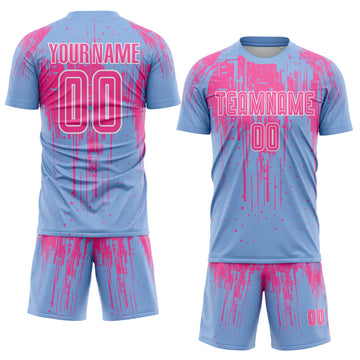 Custom Light Blue Pink-White Dripping Splatte Pattern Sports Sublimation Soccer Uniform Jersey