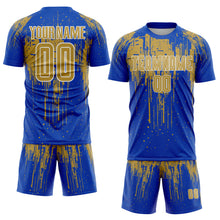 Load image into Gallery viewer, Custom Thunder Blue Old Gold-White Dripping Splatte Pattern Sports Sublimation Soccer Uniform Jersey
