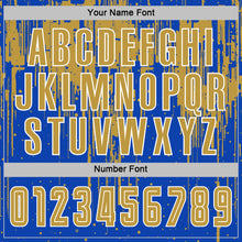 Load image into Gallery viewer, Custom Thunder Blue Old Gold-White Dripping Splatte Pattern Sports Sublimation Soccer Uniform Jersey

