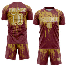 Загрузить изображение в средство просмотра галереи, Custom Burgundy Old Gold-White Dripping Splatte Pattern Sports Sublimation Soccer Uniform Jersey
