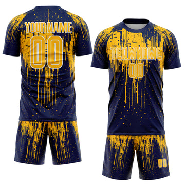 Custom Navy Gold-White Dripping Splatte Pattern Sports Sublimation Soccer Uniform Jersey