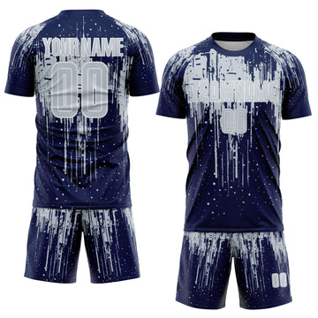 Custom Navy Silver-White Dripping Splatte Pattern Sports Sublimation Soccer Uniform Jersey