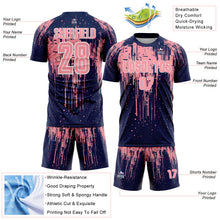 Laden Sie das Bild in den Galerie-Viewer, Custom Navy Medium Pink-White Dripping Splatte Pattern Sports Sublimation Soccer Uniform Jersey
