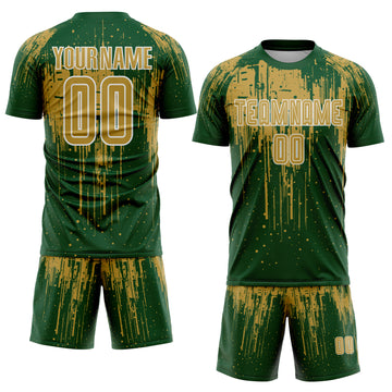 Custom Green Old Gold-White Dripping Splatte Pattern Sports Sublimation Soccer Uniform Jersey