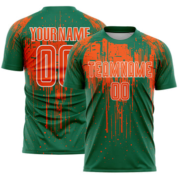Custom Kelly Green Orange-White Dripping Splatte Pattern Sports Sublimation Soccer Uniform Jersey