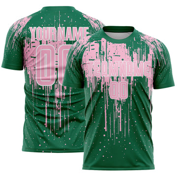 Custom Kelly Green Light Pink-White Dripping Splatte Pattern Sports Sublimation Soccer Uniform Jersey