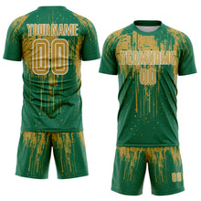 Load image into Gallery viewer, Custom Kelly Green Old Gold-White Dripping Splatte Pattern Sports Sublimation Soccer Uniform Jersey
