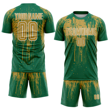Custom Kelly Green Old Gold-White Dripping Splatte Pattern Sports Sublimation Soccer Uniform Jersey