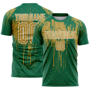 Custom Kelly Green Old Gold-White Dripping Splatte Pattern Sports Sublimation Soccer Uniform Jersey