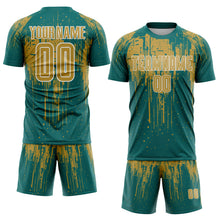 Загрузить изображение в средство просмотра галереи, Custom Teal Old Gold-White Dripping Splatte Pattern Sports Sublimation Soccer Uniform Jersey
