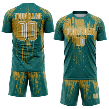 Custom Teal Old Gold-White Dripping Splatte Pattern Sports Sublimation Soccer Uniform Jersey
