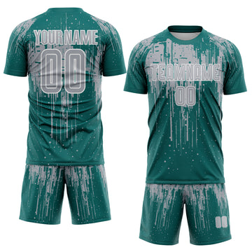 Custom Teal Gray-White Dripping Splatte Pattern Sports Sublimation Soccer Uniform Jersey