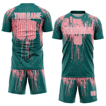 Custom Teal Medium Pink-White Dripping Splatte Pattern Sports Sublimation Soccer Uniform Jersey