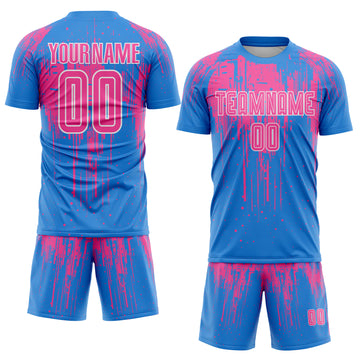 Custom Powder Blue Pink-White Dripping Splatte Pattern Sports Sublimation Soccer Uniform Jersey